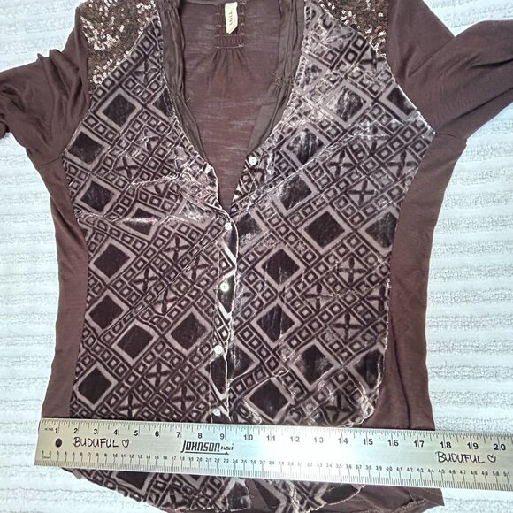 Anthropologie Tiny Women's Leighton Top Velvet Button Down Shirt Medium Brown - Picture 7 of 9